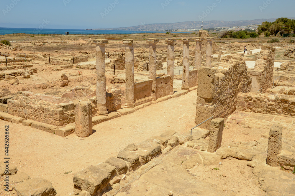 Ancient temple columns of Kato Paphos archaeological park in Paphos city, Cyprus