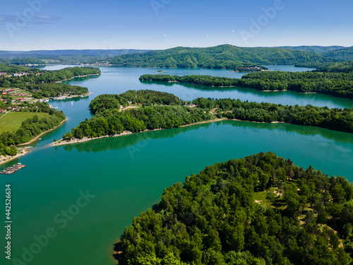 Summer at Solina Lake in Bieszczady Mountains Park, Poland. Aerial Drone View. Summer Day, Turquoise Water.