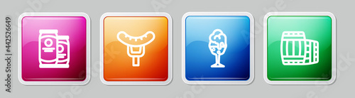 Set line Beer can, Sausage on the fork, Glass of beer and Wooden barrel. Colorful square button. Vector