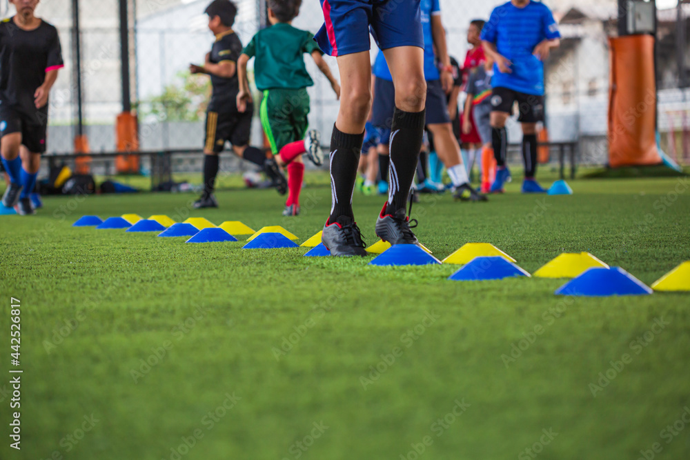 Soccer ball tactics on grass field with barrier for training children jump skill