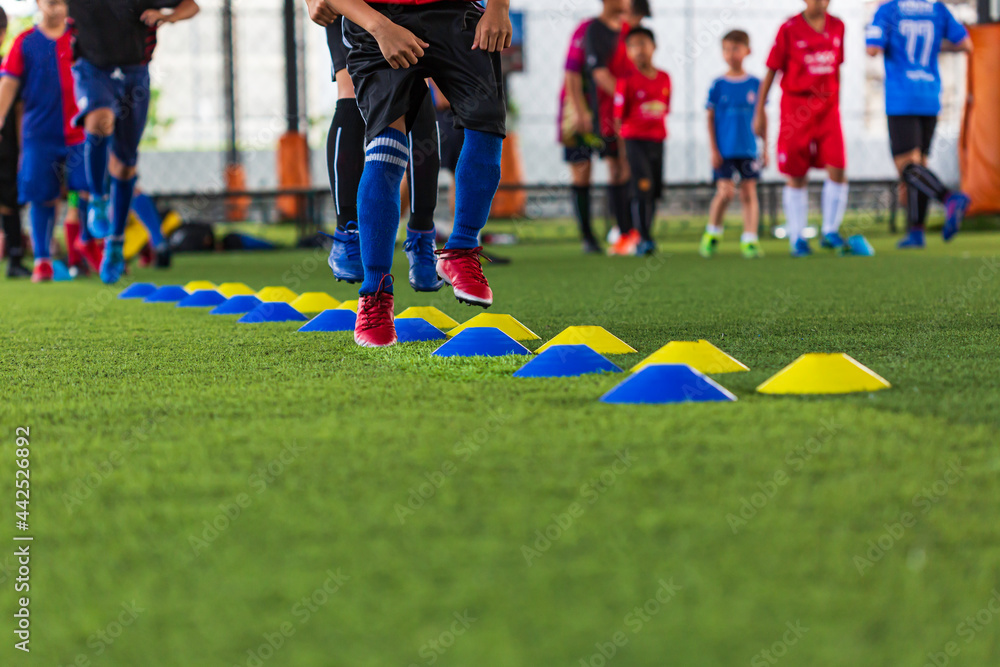 Soccer ball tactics on grass field with barrier for training children jump skill Soccer ball tactics on grass field with barrier for training children jump skill