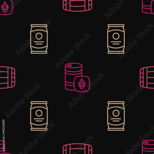 Set line Wooden barrel, Beer can and Metal beer keg on seamless pattern. Vector