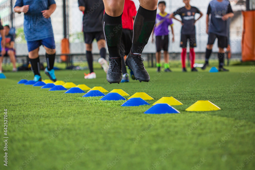 Soccer ball tactics on grass field with barrier for training children jump skill Soccer ball tactics on grass field with barrier for training children jump skill