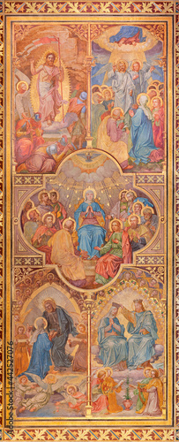 VIENNA, AUSTIRA - JUNI 24, 2021: The fresco of glorious mysteries of Rosay in the Votivkirche church by brothers Carl and Franz Jobst (sc. half of 19. cent.).