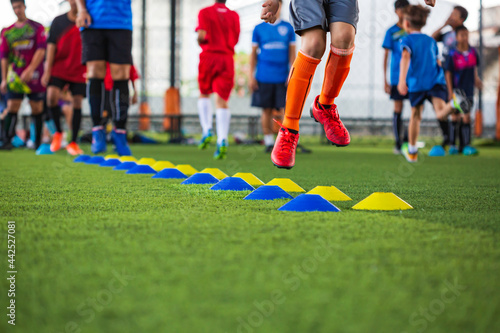 Fototapeta Naklejka Na Ścianę i Meble -  Soccer ball tactics on grass field with barrier for training children jump skill
