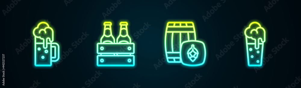 Set line Wooden beer mug, Pack of bottles, barrel and Glass. Glowing neon icon. Vector Set line Wooden beer mug, Pack of bottles, barrel and Glass. Glowing neon icon. Vector