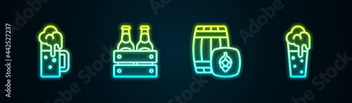 Set line Wooden beer mug, Pack of bottles, barrel and Glass. Glowing neon icon. Vector