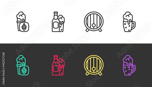Set line Glass of beer, Beer bottle and glass, Wooden barrel and on black and white. Vector