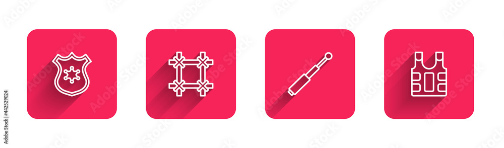 Set line Police badge, Prison window, Telescopic baton and Bulletproof vest with long shadow. Red square button. Vector Set line Police badge, Prison window, Telescopic baton and Bulletproof vest with long shadow. Red square button. Vector