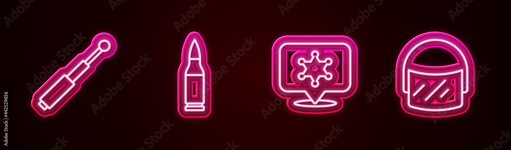 Set line Telescopic baton, Bullet, Hexagram sheriff and Police helmet. Glowing neon icon. Vector Set line Telescopic baton, Bullet, Hexagram sheriff and Police helmet. Glowing neon icon. Vector