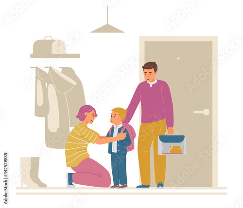 Firstgrader Going To School. Mother Saying Goodbuy In Hallway. Vector Illustration.