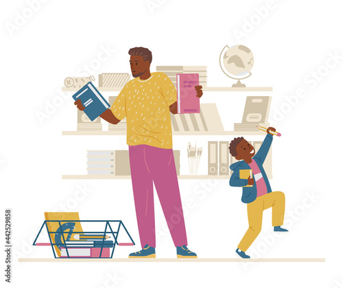 African American Family Buying School Supplies. Father And Son Firstgrader Getting Ready For School . Vector Illustration.