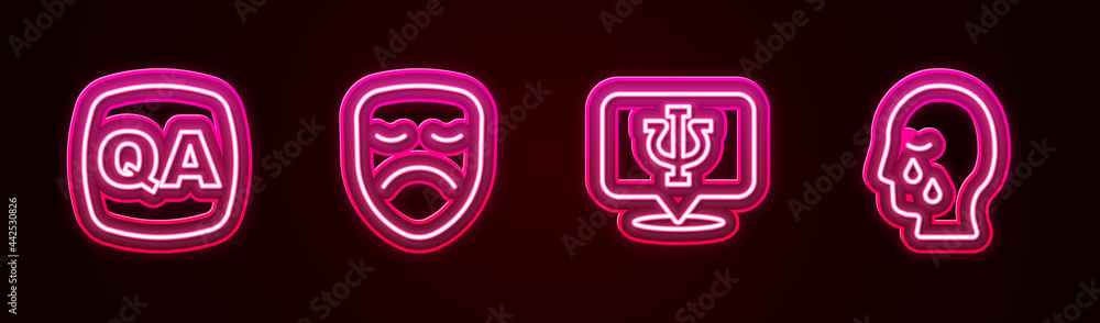 Set line Question and Answer, Drama theatrical mask, Psychology, Psi and Man graves funeral sorrow. Glowing neon icon. Vector Set line Question and Answer, Drama theatrical mask, Psychology, Psi and Man graves funeral sorrow. Glowing neon icon. Vector