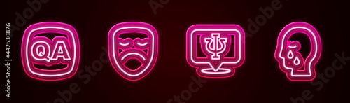 Set line Question and Answer, Drama theatrical mask, Psychology, Psi and Man graves funeral sorrow. Glowing neon icon. Vector