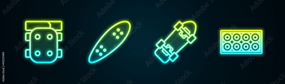 Set line Knee pads, Longboard or skateboard, Skateboard and wheel. Glowing neon icon. Vector
