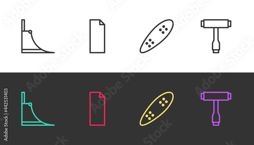 Set line Skate park, Grip tape on skateboard, Longboard or and Skateboard T tool on black and white. Vector