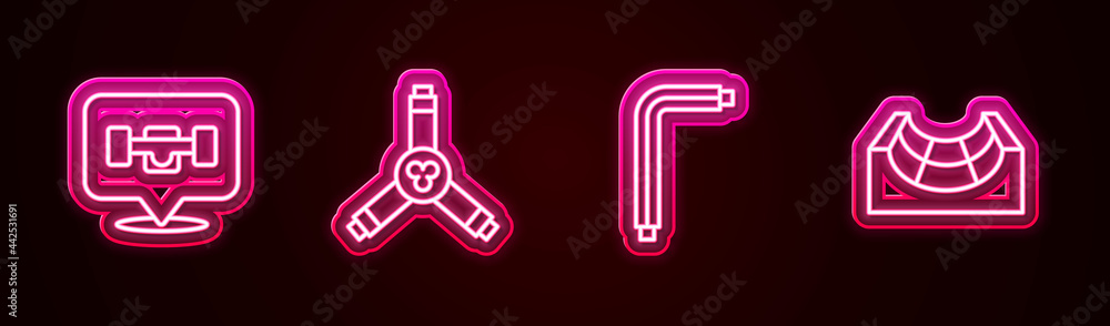 Set line Skateboard wheel, Y-tool, Tool allen keys and park. Glowing neon icon. Vector Set line Skateboard wheel, Y-tool, Tool allen keys and park. Glowing neon icon. Vector