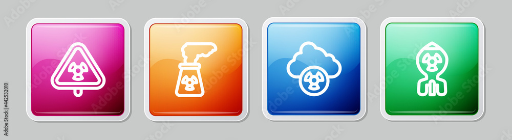 Set line Triangle with radiation, Nuclear power plant, Acid rain and radioactive cloud and bomb. Colorful square button. Vector Set line Triangle with radiation, Nuclear power plant, Acid rain and radioactive cloud and bomb. Colorful square button. Vector