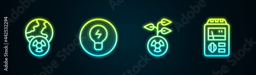 Set line Planet earth and radiation, Light bulb with concept of idea, Radioactive and Dosimeter. Glowing neon icon. Vector