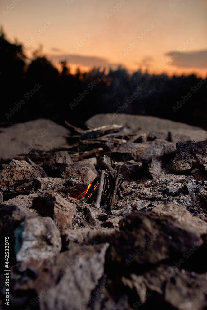Fire making process in the wild at sunset. Building of campfire using dry branches in forest Fire making process in the wild at sunset. Building of campfire using dry branches in forest
