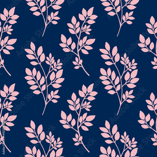 Navy blue pink abstract tree branches seamless pattern. Plants silhouette, Twig with Leaves. Floral vector texture, background for fabric, textile print, scrapbooking, invitation, wrapping, gift paper