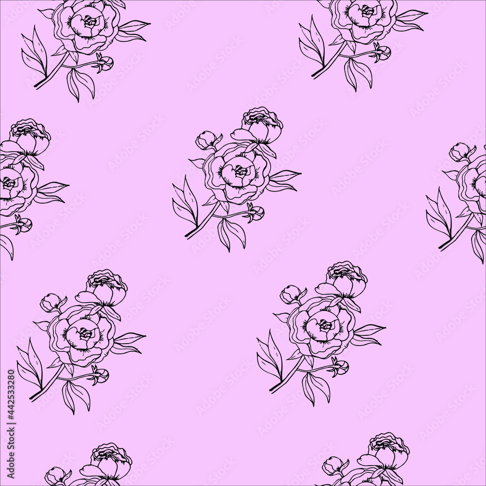 Vector drawed simple line pattern with stylized peonies and leaves. This seamless pattern is suitable for greeting cards, postcards, notebook covers,textiles, wallpapers, wrappers, other decorations.