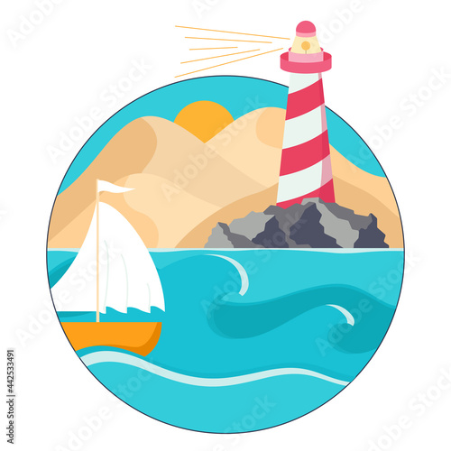 Vector round label of simple landscape of a desert hills, lighthouse and. boat at sea, background template. Vector illustration in a flat style. Vector illustration