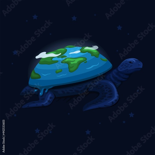 Planet Earth on Turtle back swim on space creation myth concept in cartoon illustration vector photo