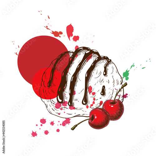 one ice cream scoop with cherry flavor. ice cream ball hand drawn sketch with cherries and paint splashes on white. great for label or logo design concept. sundae with sauce and red berries