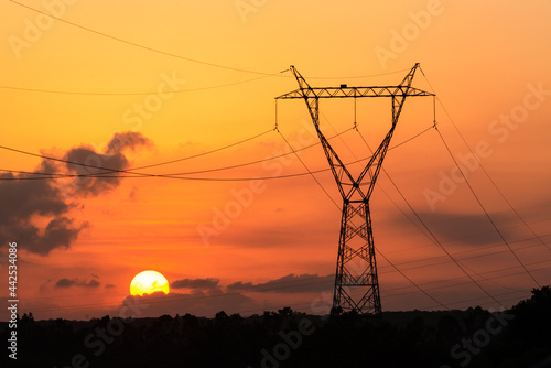 Electricity transmission tower with sunset in the background.