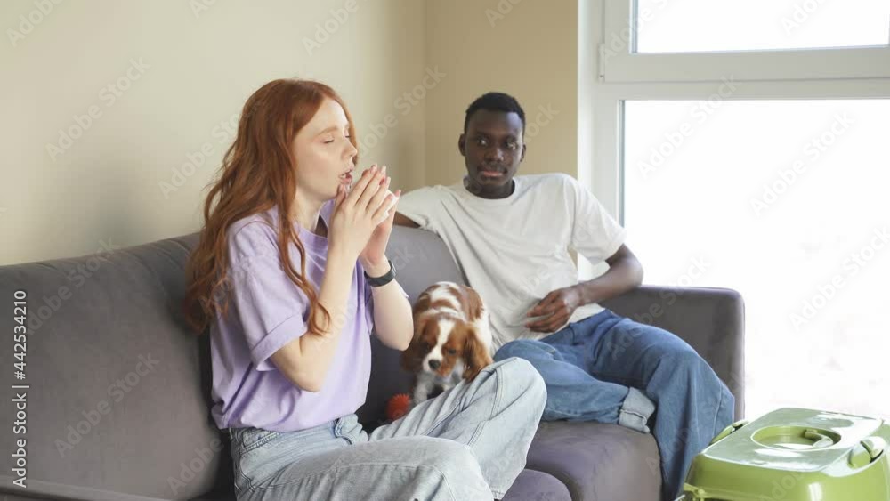 A married couple is sitting on the couch with a dog, a woman started sneezing, she got sick or she is allergic to wool A married couple is sitting on the couch with a dog, a woman started sneezing, she got sick or she is allergic to wool