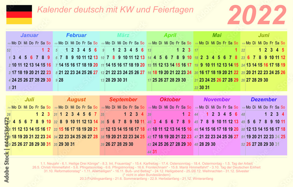 Kalender 2022 - bunt - quer - deutsch - mit Feiertagen (85 x 54 mm