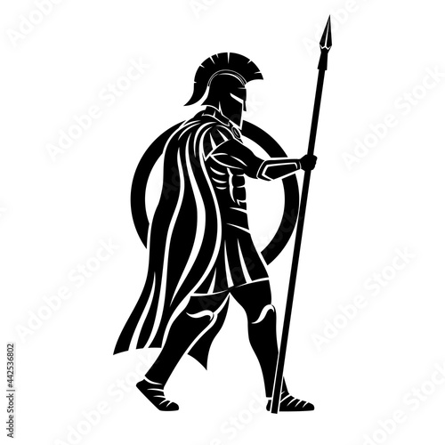 Spartan with spear and shield on white background.