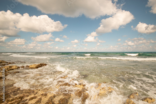 Cancun view from Isla Mujeres with the ocean in between.