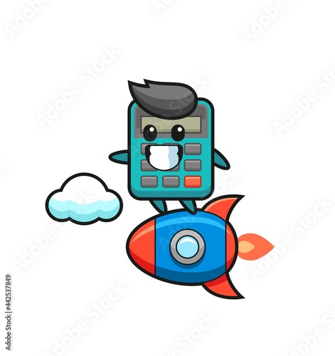 calculator mascot character riding a rocket