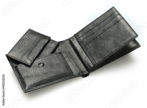 open leather wallet on white background 
