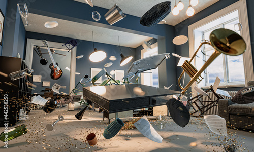 interior of a house with flying objects and in disorder.