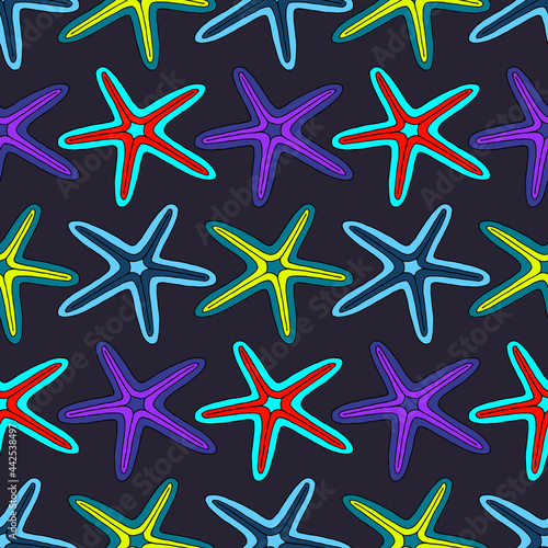 Seamless illustration with multicolored starfish. Vector drawing.