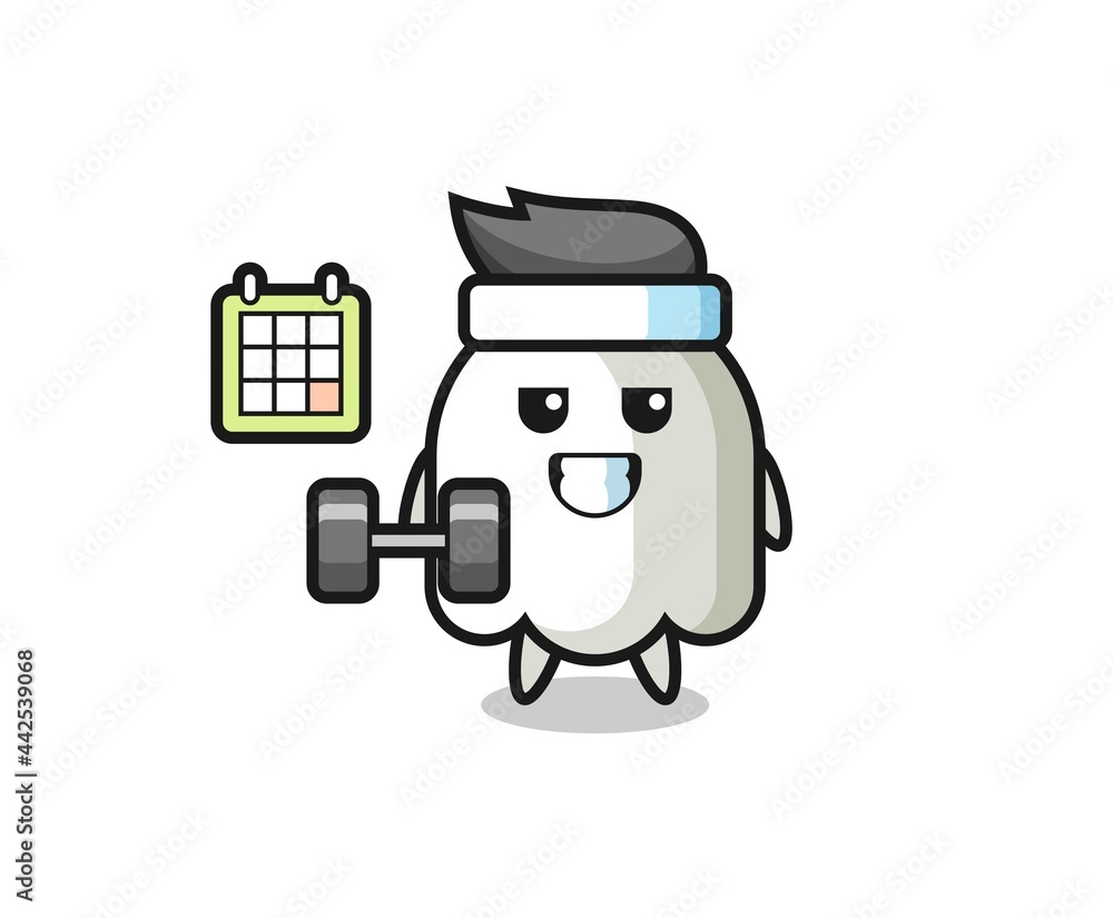 ghost mascot cartoon doing fitness with dumbbell