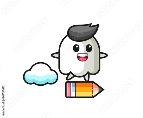 ghost mascot illustration riding on a giant pencil
