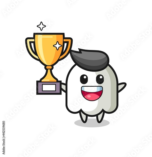 Cartoon Illustration of ghost is happy holding up the golden trophy