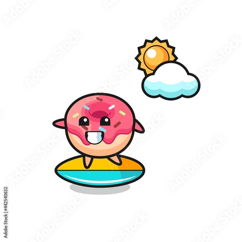 Illustration of doughnut cartoon do surfing on the beach