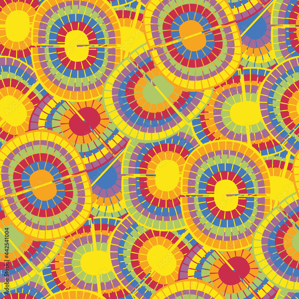 1970s style rainbow seamless vector pattern background. Backdrop with mosaic style oval pairs of rainbows in psychedelic colors. Funky overlapping texture repeat in boho hippie style. Hipster print