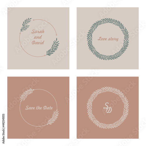Set of wreaths on colored backgrounds. Round frame made of the twigs. Round template with space for text. Can be used for the logo  icons  wedding invitation  photo overlay  and greeting cards.