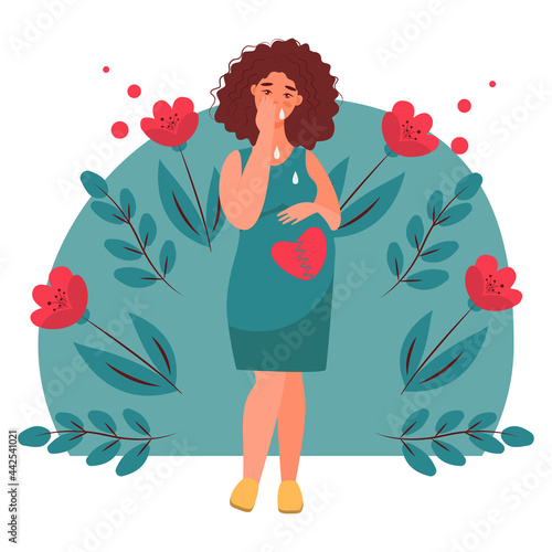 pregnancy loss, abortion, Miscarriage concept. Woman is crying in hospital or clinic. She lost her child. Flat Vector illustration.

