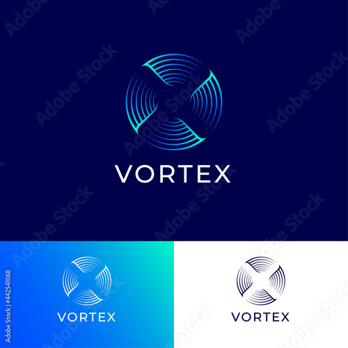 X monogram. Letter X in a circle, like propeller. Vortex symbol. Letter X like hurricane, spiral, swirl or tornado emblem.  Emblem for business, internet, web application, online shop, label.
