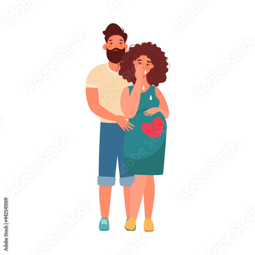 pregnancy loss, abortion, Miscarriage concept. Woman is crying in hospital or clinic. She lost her child. Flat Vector illustration.

