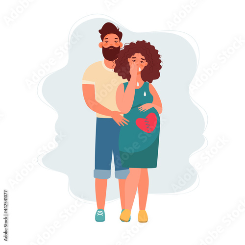 pregnancy loss, abortion, Miscarriage concept. Woman is crying in hospital or clinic. She lost her child. Flat Vector illustration.

