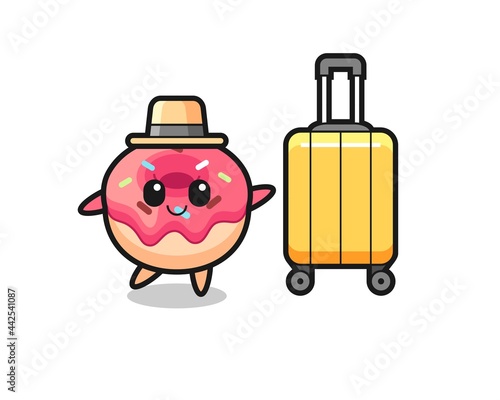 doughnut cartoon illustration with luggage on vacation