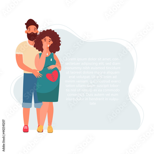 pregnancy loss, abortion, Miscarriage concept. Woman is crying in hospital or clinic. She lost her child. Flat Vector illustration.

